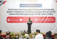 Mendagri Tito Karnavian menjadi pembicara kunci pada Rapat Koordinasi Nasional (Rakornas) Posisi dan Kewenangan Pemerintah Daerah dalam Kebijakan KTR Pasca-Diundangkannya Peraturan Pemerintah (PP) Nomor 28 Tahun 2024