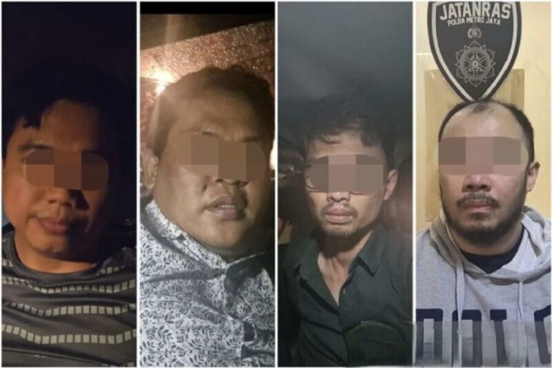 Empat pelaku penculikan dan pembunuhan kepala cabang (Kacab) sebuah bank di Jakarta berinisial MIP (37) ditangkap oleh Subdit Jatanras Ditreskrimum Polda Metro Jaya, Minggu (24/8/2025). (Ditreskrimum Polda Metro Jaya)