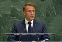Presiden Prancis Emmanuel Macron dalam sidang ke-80 Majelis Umum PBB, Senin (22/9/2025). (YouTube PBB)
