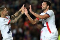Selebrasi Goncalo Ramos (kanan) usai mencetak gol di menit akhir yang menjadi penentu kemenangan PSG atas Barcelona. (Instagram @psg)