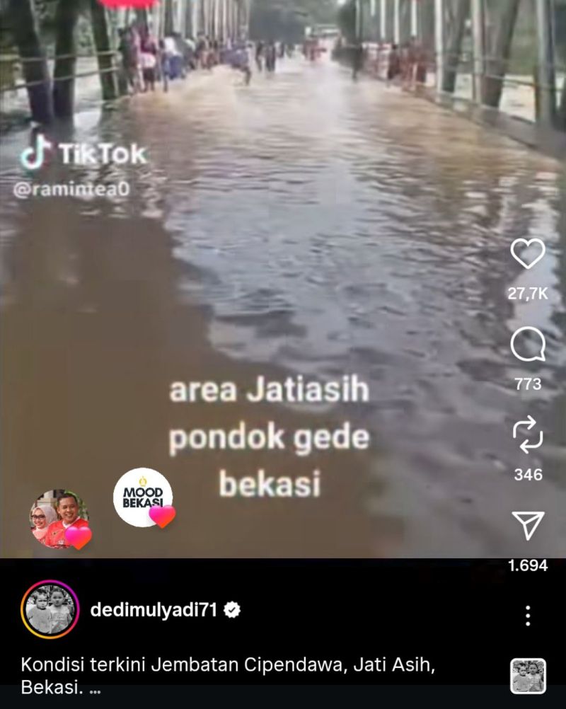 Tangkapan layar video banjir yang disebut dalam caption sebagai banjir di Jatiasih. (Joke)