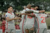 Pemain Malut United merayakan kemenangan kelima secara beruntun setelah menundukkan tuan rumah Persijap Jepara, 2-1. (Jennus/Jamaluddin)