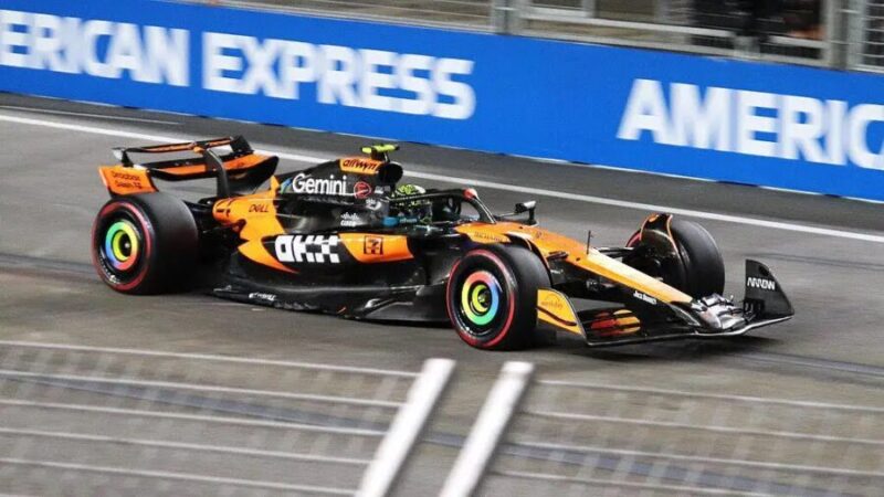 Pebalap McLaren asal Inggris, Lando Norris menuntaskan Grand Prix Brasil 2025 dengan kemenangan di Interlagus. (Liaough)