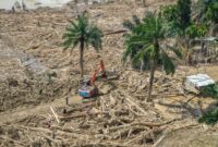 Petugas mengoperasikan eskavator untuk membersihkan jalan akses antardesa dari batang-batang kayu gelondongan pascabanjir bandang di Desa Tanjung Karang, Karang Baru, Kabupaten Aceh Tamiang, Aceh, Minggu (7/12/2025). (Antara Foto)