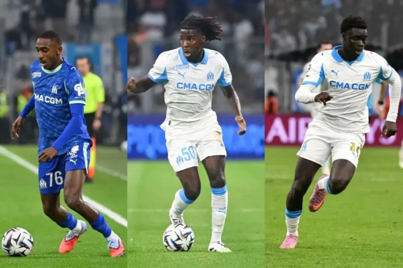 Tiga 'wonderkid' klub Liga Prancis Olyimpique de Marseille dari kiri ke kanan, Tadjidine Mmadi, Darryl Bakola dan Robinio Vaz. (Liga Prancis)