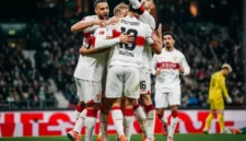 Para pemain Stuttgart merayakan gol yang dicetak Jamie Leweling pada pertandingan Liga Jerman menghadapi Werder Bremen di Stadion Weserstadion, Bremen, Minggu (14/12/2025) waktu setempat. (vfb.de)