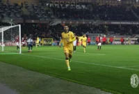 Penyerang sayap AC Milan Christian Pulisic meryakan keberhasilannya mencetak gol ke gawang Torino pada pertandingan Kecamatan di Stadion Olimpico di Torino, Turin, Senin (8/12/2025) waktu setempat. (acmilan.com)
