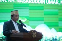 Menteri Agama Nasaruddin Umar membuka Rakerwil Kantor Wilayah Kementerian Agama Provinsi Sulawesi Selatan di Bone, Rabu (7/1/2026). (Dok Kemenag)