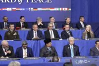 Presiden Prabowo Subianto (barisan depan, tengah) menghadiri Konferensi Tingkat Tinggi (KTT) Dewan Perdamaian (Board of Peace/BoP) Gaza di Donald J. Trump Institute of Peace, Washington DC, Amerika Serikat, Kamis (19/2/2026). (BPMI Sekretariat Presiden)