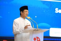 Menteri Agama Nasaruddin Umar dalam tausyiah pada acara halalbihalal Keluarga Besar Badan Riset dan Inovasi Nasional (BRIN), Senin (30/3/2026). (Humas Kemenag)