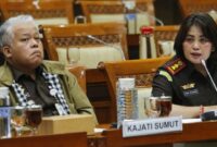 Kepala Kejaksaan Tinggi Sumatera Utara Harli Siregar dan Kepala Kejaksaan Negeri Karo Danke Rajagukguk saat penyampaian pendapat pada Rapat Dengar Pendapat Umum dengan Komisi III DPR RI di kompleks parlemen Senayan, Jakarta, Kamis (2/4/2026). (Jennus)