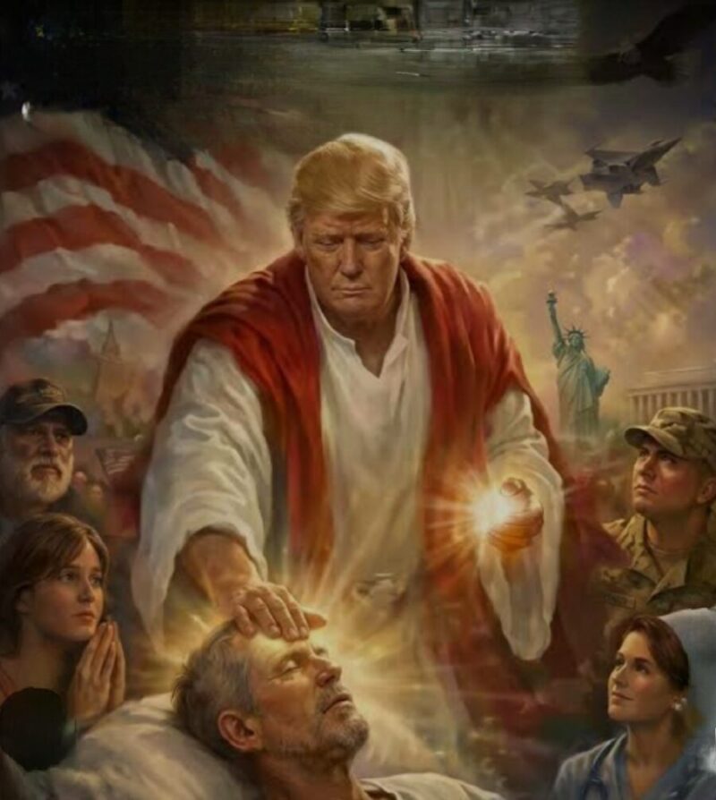 Presiden Donald Trump yang menampilkan dirinya menyerupai Yesus Kristus. (Anadolu)