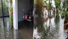 Banjir berulang di kompleks D'Amerta Residence pada Kamis (30/4/2026), hujan deras membuat permukaan air sungai meningkat dan menerobos tanggul di dua titik benteng yang rusak. (Kolase foto/ihd)