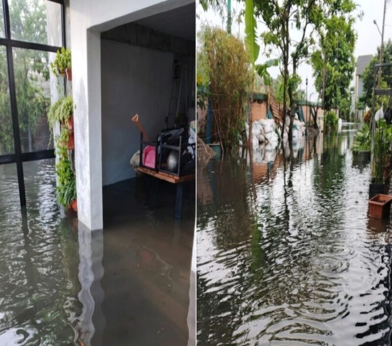 Banjir berulang di kompleks D'Amerta Residence pada Kamis (30/4/2026), hujan deras membuat permukaan air sungai meningkat dan menerobos tanggul di dua titik benteng yang rusak. (Kolase foto/ihd)