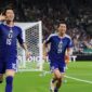 Para pemain Timnas Jepang merayakan gol Daichi Kamada (kiri) ke gawang Timnas Tunisia di Piala Dunia 2026. (AP Photo/Matias Delacroix)