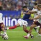 Pesepakbola Prancis Kylian Mbappe (kedua kiri) melepaskan tendangan yang diadang pesepakbola Spanyol Marc Cucurella (kiri) pada semifinal Piala Dunia FIFA 2026 di Stadion Dallas di Dallas, Amerika Serikat, Selasa (14/7/2026). (Xinhua/Wu Xiaoling)