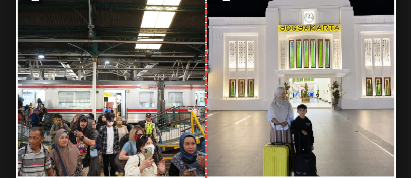 Suasana Stasiun KAI Daop 6 Yogyakarta & Salah satu wisatawan berfoto di depan Stasiun Tugu (wawan Dokpri)