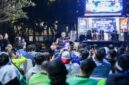 Ketua Umum Partai Demokrat menyampaikan sambutan di acara nonton bareng semifinal Piala Dunia 2026 antara Spanyol melawan Prancis di Kawasan Parkir Timur Gelora Bung Karno (GBK), Jakarta  