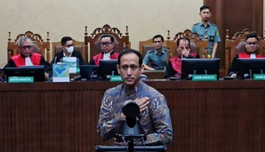 Mantan Menteri Pendidikan, Kebudayaan, Riset, dan Teknologi Nadiem Anwar Makarim menerima pengutangdn hukuman dalam perkara korupsi pengadaan laptop Chromebook dan CDM. (Jennus)