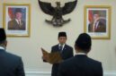 Menteri Agama Nasaruddin Umar menyampaikan amanat kepada jajaran Ditjen Pesantren yang baru dilantik di Kemenag Jakarta, Selasa (29/9/2026). (Humas Kemenag)