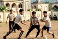 Ilustrasi - Beberapa orang santri sedang bermain sepak bola mini di tanah lapang samping pondok pesantren. (istimewa)