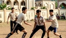 Ilustrasi - Beberapa orang santri sedang bermain sepak bola mini di tanah lapang samping pondok pesantren. (istimewa)