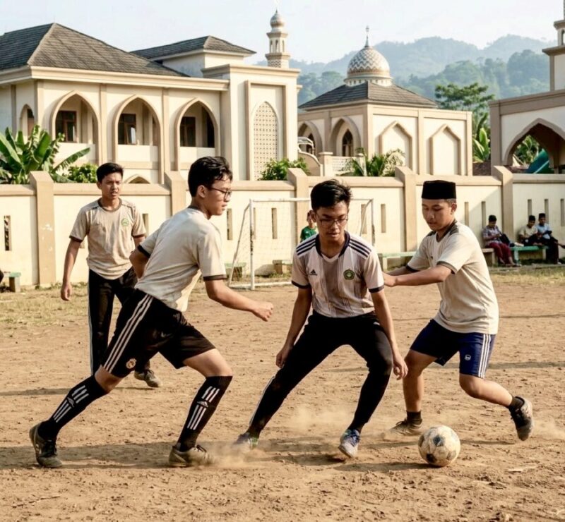 Ilustrasi - Beberapa orang santri sedang bermain sepak bola mini di tanah lapang samping pondok pesantren. (istimewa)