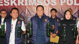 Direktur Reserse Kriminal Khusus Polda Bali Komisaris Besar Wisnu Prabowo bersama Wakil Direktur Reserse Kriminal Khusus Ajun Komisaris Besar Chandra C. Kesuma dan Kepala Subbidang Penerangan Masyarakat Bidang Humas Polda Bali Ajun Komisaris Besar Rina Isriana Dewi memperlihatkan barang bukti dalam konferensi pers di Denpasar, Bali, Sabtu (17/10/2026). (Antara Foto)