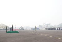 Suasana khidmat Upacara Parade HUT ke-81 TNI Tahun 2026 di Apron Bravo Lanud Sri Mulyono Herlambang, Palembang, Sumsel.